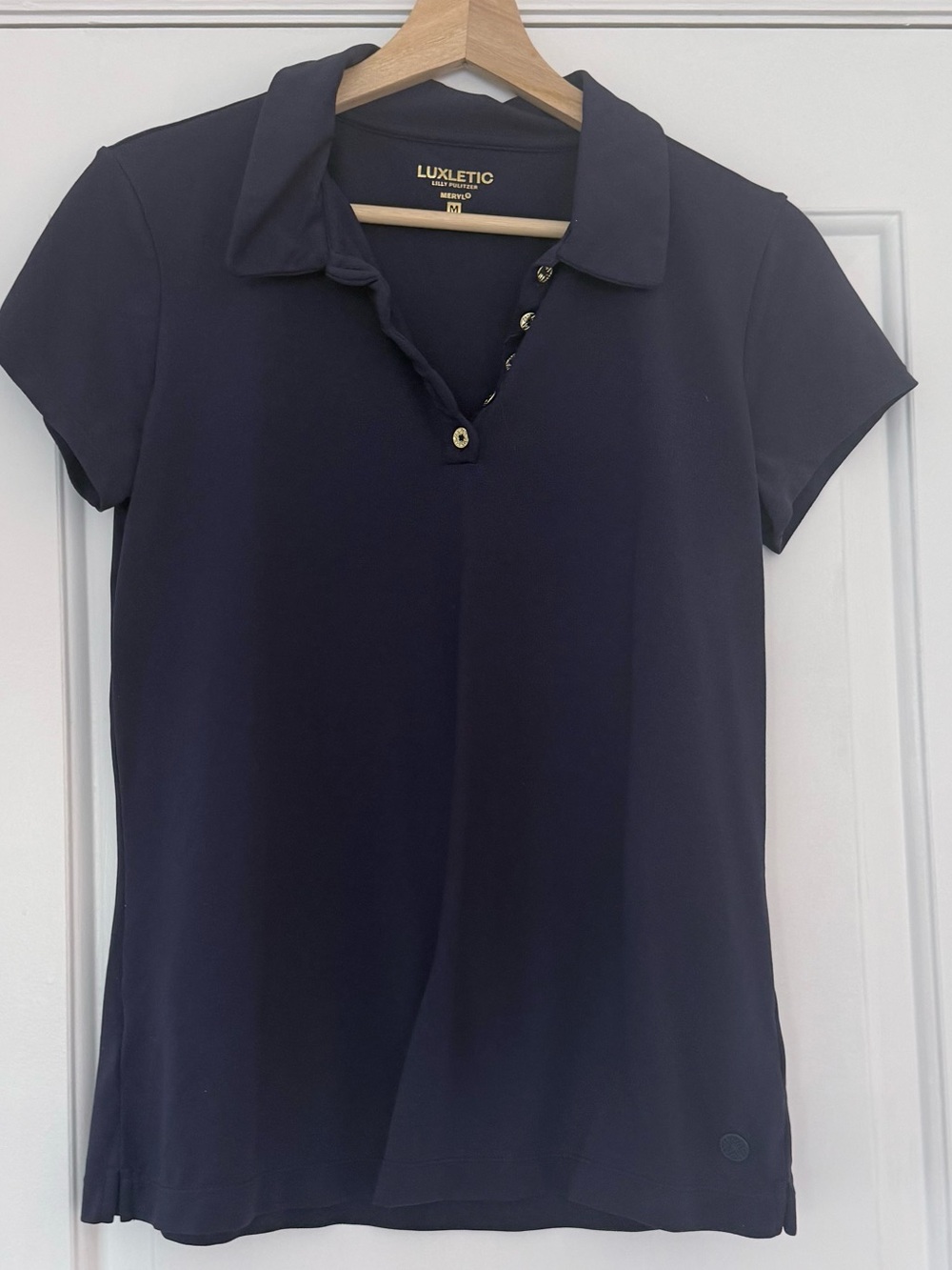 LILLY PULITZER UPF 50+ FRIDA SCALLOPED POLO TOP TRUE NAVY EUC WOMENS MEDIUM - Picture 4 of 6